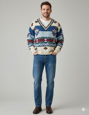 Hand Knit Sweater unisex V Neck Aztec Vtg Fisherman western Fair Isle XL fit L